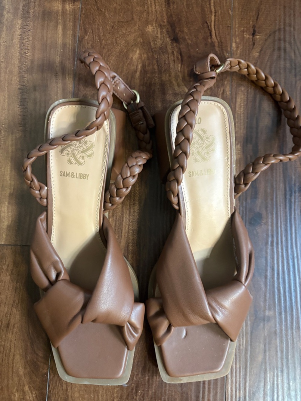 Sam & Libby Brown Braided Ankle Wrap Block Heel Sandals - Picture 4 of 9
